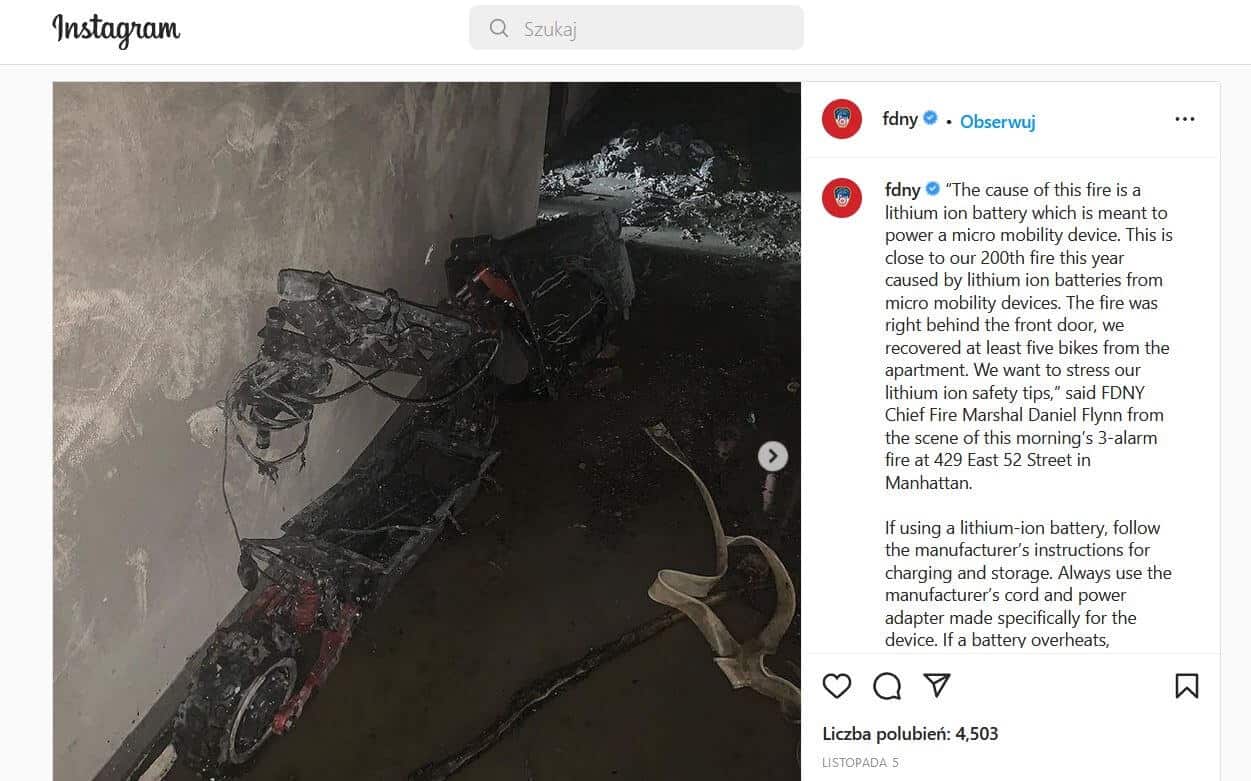 Post nowojorskiej straży pożarnej na Instagramie po pożarze e-hulajnogi na Mahattanie